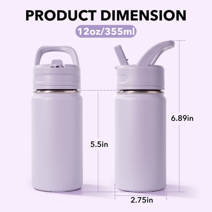 12oz Stainless Steel Kids Water Bottle – Insulated Leak-Proof with Straw