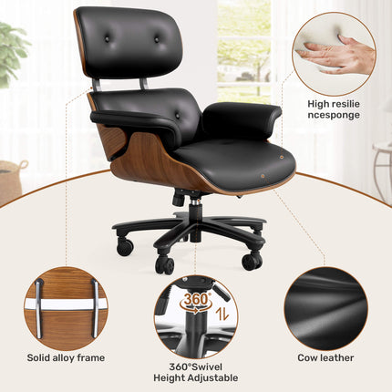 Genuine Leather Swivel Office Chair with Solid Wood