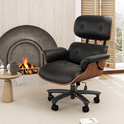 Genuine Leather Swivel Office Chair with Solid Wood