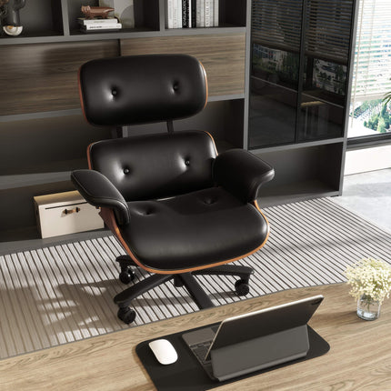 Genuine Leather Swivel Office Chair with Solid Wood