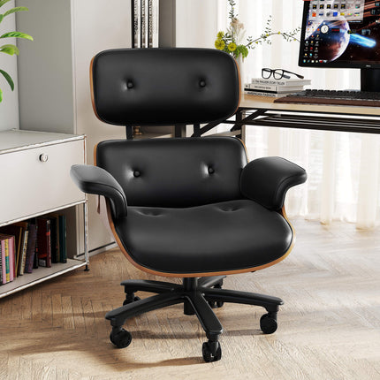 Genuine Leather Swivel Office Chair with Solid Wood