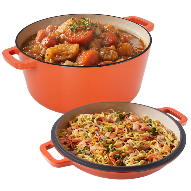 Enamelled Cast Iron Dutch Oven Casserole Pot 2 in 1 Cooking Set