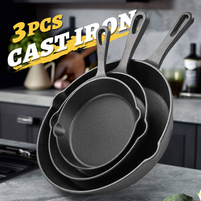 Cast Iron Skillet 3 Pieces Cast Iron Set (Black)
