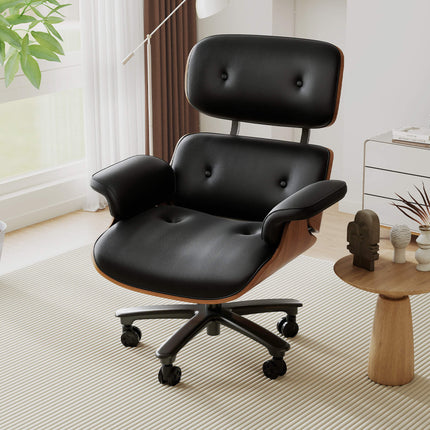 Genuine Leather Swivel Office Chair with Solid Wood