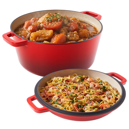 Enamelled Cast Iron Dutch Oven Casserole Pot 2 in 1 Cooking Set