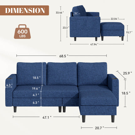 78" L-Shaped Linen Upholstered Sectional Sofa 3-Seat Convertible Couch