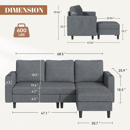 78" L-Shaped Linen Upholstered Sectional Sofa 3-Seat Convertible Couch