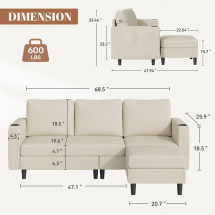 78" L-Shaped Linen Upholstered Sectional Sofa 3-Seat Convertible Couch