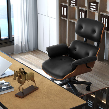 Genuine Leather Swivel Office Chair with Solid Wood