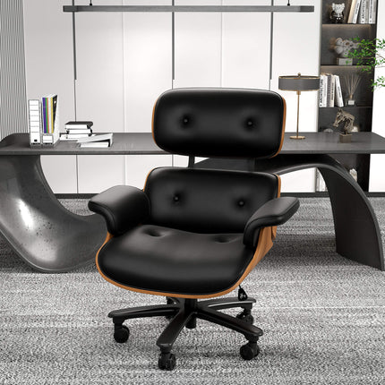 Genuine Leather Swivel Office Chair with Solid Wood