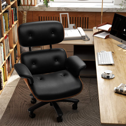 Genuine Leather Swivel Office Chair with Solid Wood
