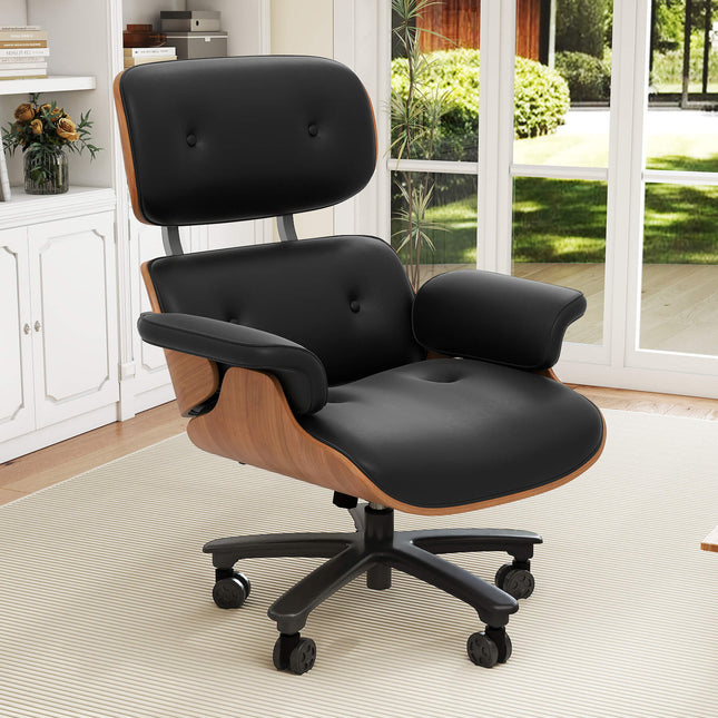 Genuine Leather Swivel Office Chair with Solid Wood