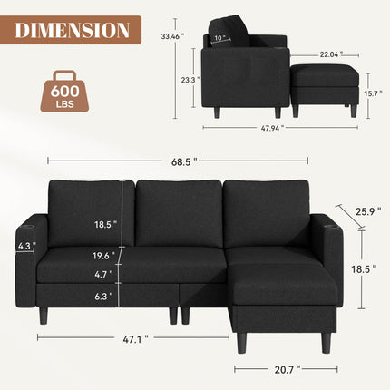 78" L-Shaped Linen Upholstered Sectional Sofa 3-Seat Convertible Couch