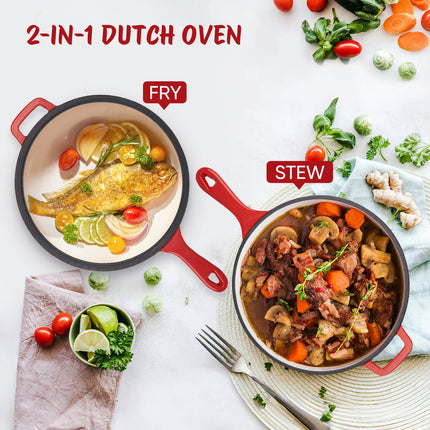 Enameled Cast Iron Skillets and Dutch Oven 2-in-1 Cooking Set