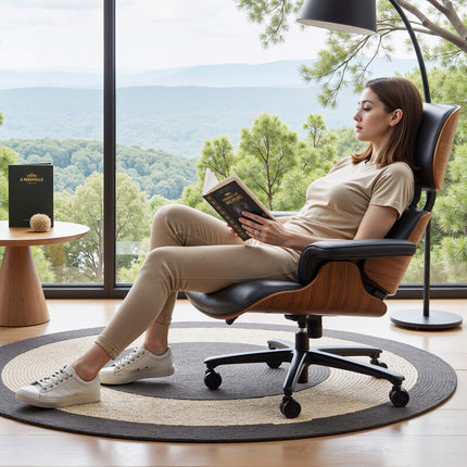 Genuine Leather Swivel Office Chair with Solid Wood