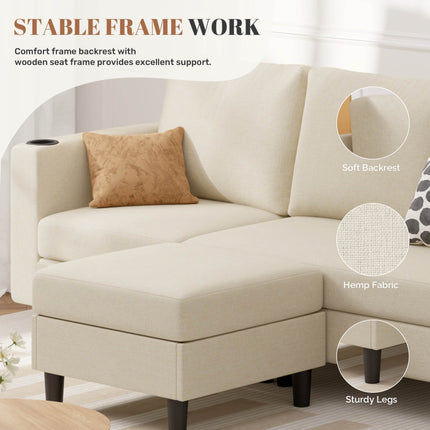 78" L-Shaped Linen Upholstered Sectional Sofa 3-Seat Convertible Couch
