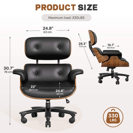 Genuine Leather Swivel Office Chair with Solid Wood