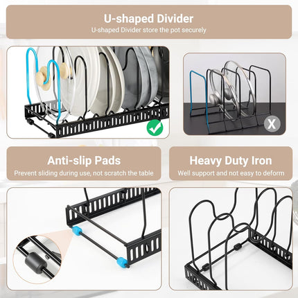 Expandable Pan Organizer Rack 7 Adjustable Dividers Lid & Board Holder