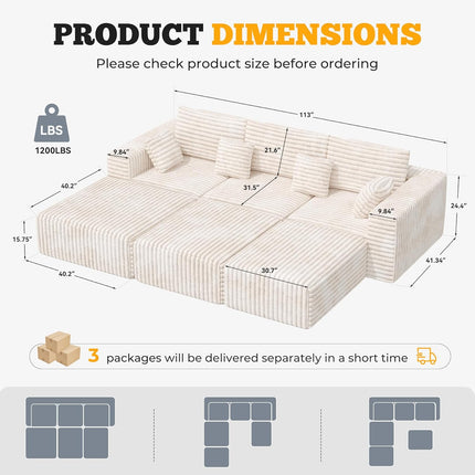 113" Modular Sectional Sofa Convertible L-Shaped Cloud Couches