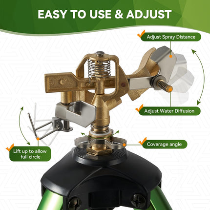Heavy-Duty Brass Tripod Sprinkler – 360° Irrigation Flip Lock Legs