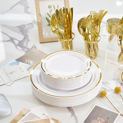 350-Piece Gold Disposable Dinnerware Set – Plates Cups & Napkins