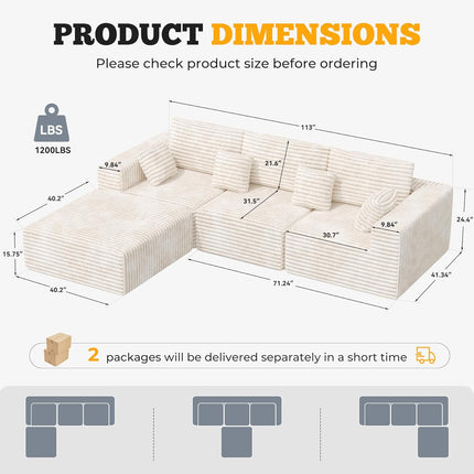 113" Modular Sectional Sofa Convertible L-Shaped Cloud Couches