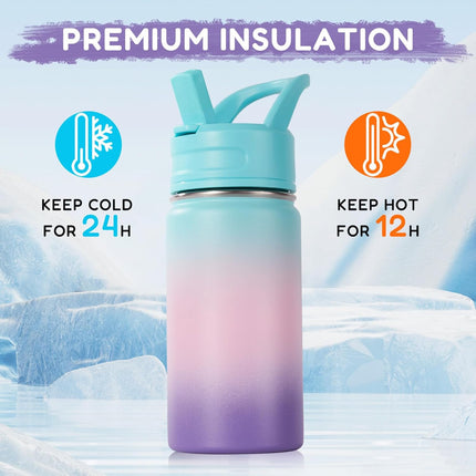 12oz Stainless Steel Kids Water Bottle – Insulated Leak-Proof with Straw
