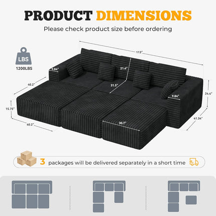 113" Modular Sectional Sofa Convertible L-Shaped Cloud Couches