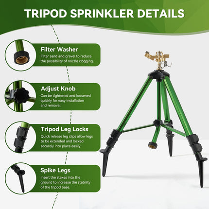 Heavy-Duty Brass Tripod Sprinkler – 360° Irrigation Flip Lock Legs