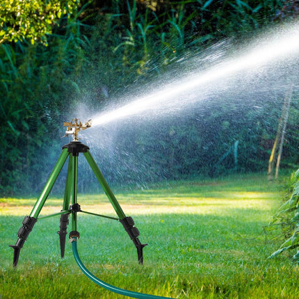 Heavy-Duty Brass Tripod Sprinkler – 360° Irrigation Flip Lock Legs