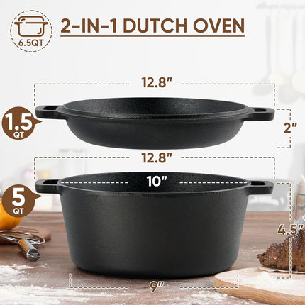 6.5QT Pre-Seasoned Cast Iron Dutch Oven Dual Handles Oven-Safe