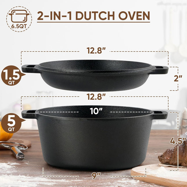 6.5QT Pre-Seasoned Cast Iron Dutch Oven Dual Handles Oven-Safe