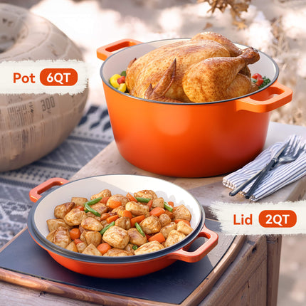 Enamelled Cast Iron Dutch Oven Casserole Pot 2 in 1 Cooking Set