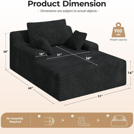 51'' Oversized Indoor Corduroy Sleeper Cloud Couch with 2pcs Pillows