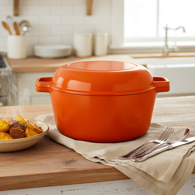 Enamelled Cast Iron Dutch Oven Casserole Pot 2 in 1 Cooking Set
