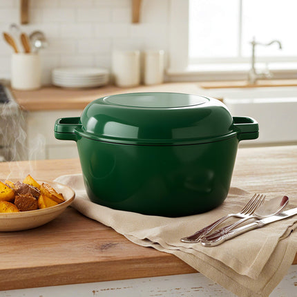 Enamelled Cast Iron Dutch Oven Casserole Pot 2 in 1 Cooking Set