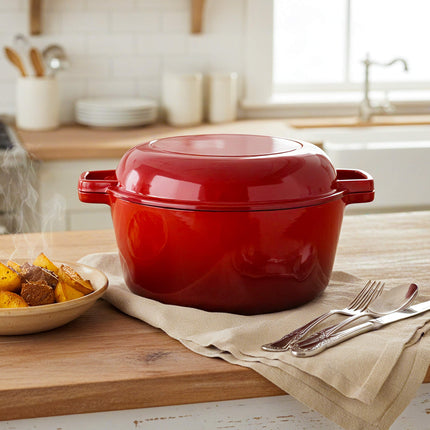 Enamelled Cast Iron Dutch Oven Casserole Pot 2 in 1 Cooking Set
