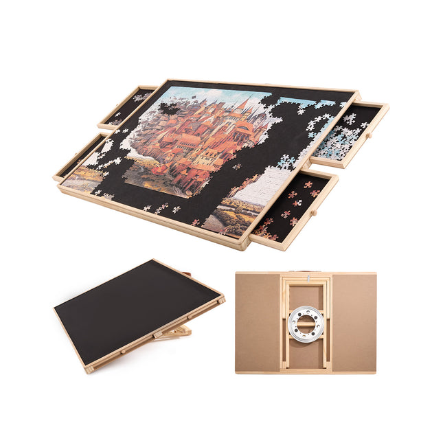 Wooden Puzzle Table Rotating Tilting with 4 Storage Drawers