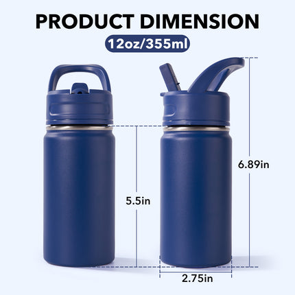 12oz Stainless Steel Kids Water Bottle – Insulated Leak-Proof with Straw