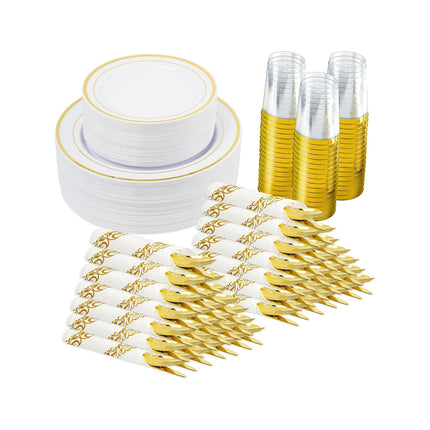 350-Piece Gold Disposable Dinnerware Set – Plates Cups & Napkins