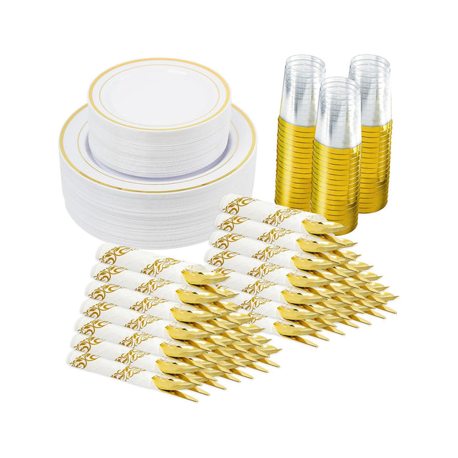 350-Piece Gold Disposable Dinnerware Set – Plates Cups & Napkins