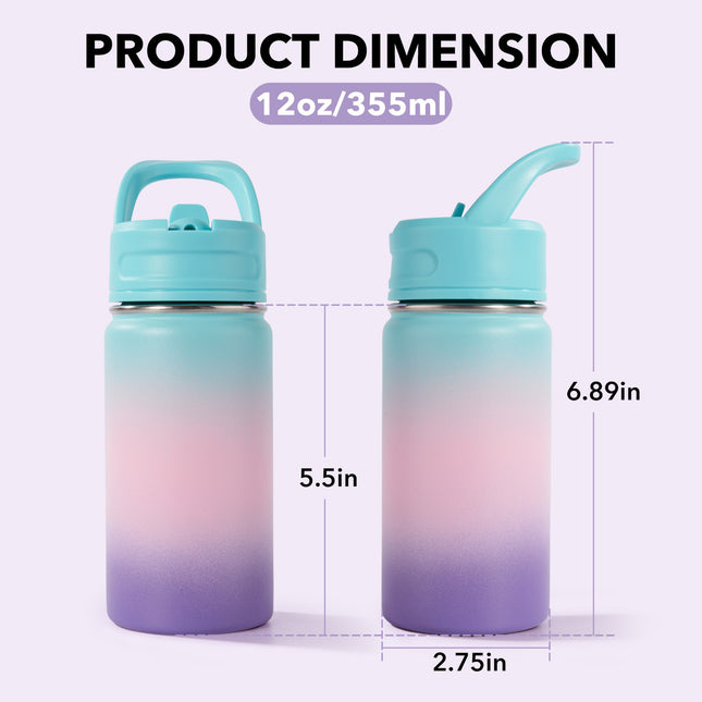 12oz Stainless Steel Kids Water Bottle – Insulated Leak-Proof with Straw